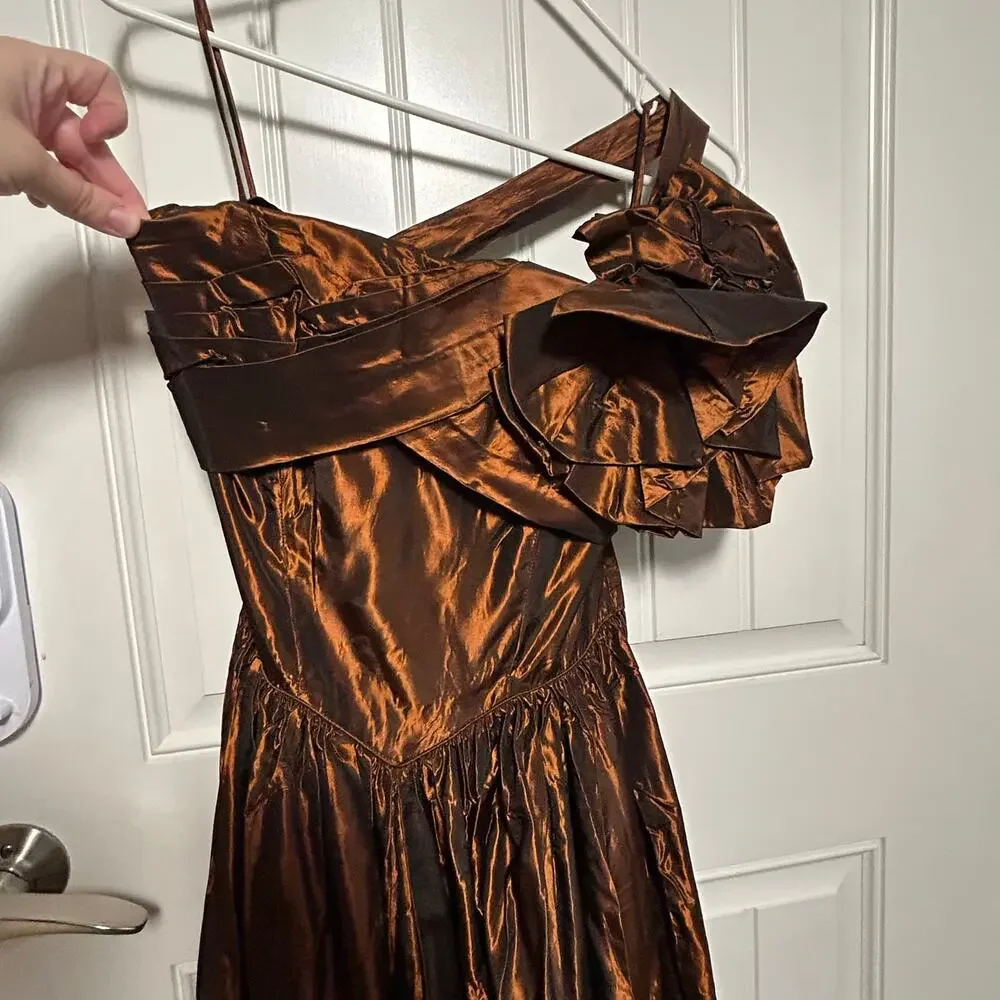 Vintage Fred Perlberg Dance Originals Copper Taffeta Ballgown One Shoulder SM
